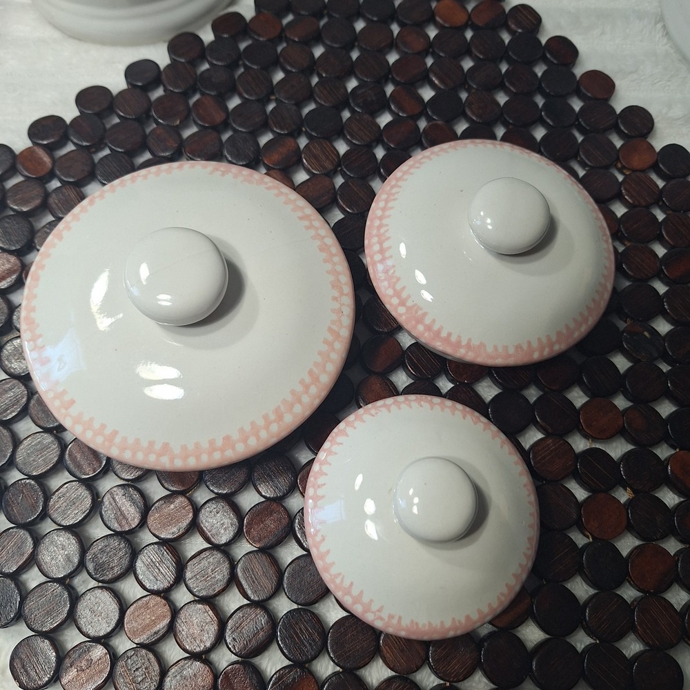 3 Pc Pink Heart Sponge Ware Ceramic Canisters Cottage Country Kitchen 90's - Picture 5 of 12